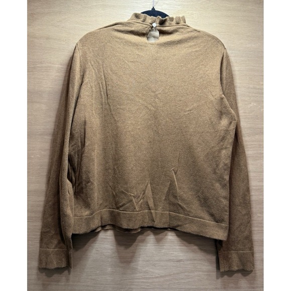 J. Crew Ruffle Neck Carmel Brown Sweater Pearl Button Size L Style AS298 - Picture 2 of 9